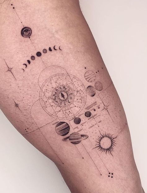 Space Arm Band Tattoo, Planetary Tattoo, Birth Chart Tattoo, Astral Tattoos, Metaphysical Tattoos, Tattoo Ideas Space, Entropy Tattoo, Galaxy Tattoo Design, The Universe Tattoo