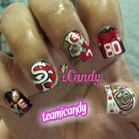 Super Bowl Nails 49ers, 49ers Nails, Super Bowl Nails, Super Bowl Quotes, Nfl Nails, 49ers Faithful, Sports Nails, Nails Paint, Sf 49ers