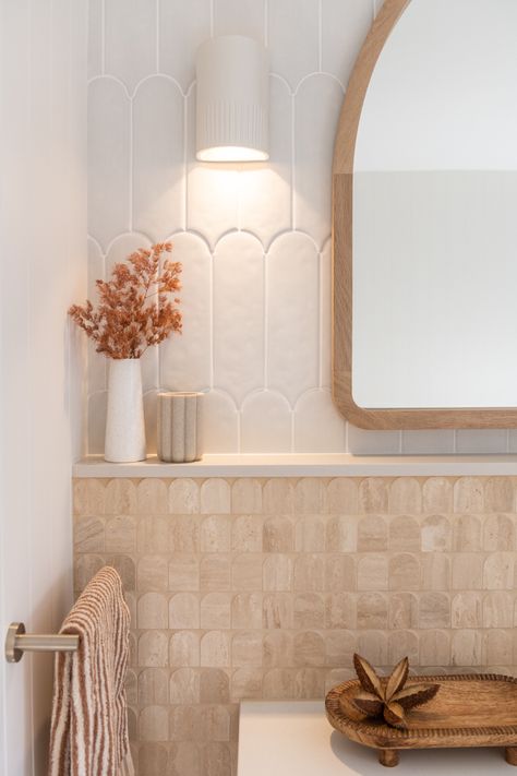 Tile To Ceiling Bathroom, Travertine Modern Bathroom, Ledge Behind Bathroom Vanity, Instagramable Bathroom Ideas, Bathroom With Ledge, Tile Wall Bathroom Vanity, All Stone Bathroom, Travertine Vanity, Ledge Behind Vanity