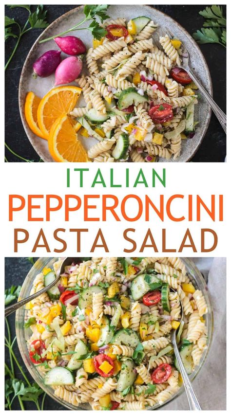 Pepperoncini Pasta Salad Pepperoncini Pasta, Pepperoncini Recipes, Camping Salads, Vegan Mediterranean Recipes, Good Sauces, Easy Vegan Pasta Recipes, Gf Salads, Pasta Olive Oil, Balsamic Pasta