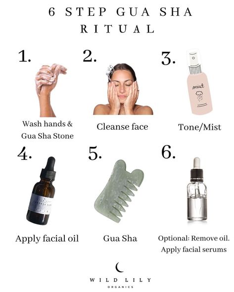 Skin Care Routine Steps With Gua Sha, Skin Care With Gua Sha, Skincare Routine With Gua Sha, Facial Care Steps, When To Use Gua Sha On Face, Gua Sha And Roller Routine, When To Use Face Oil, When To Gua Sha Routine, Hair Gua Sha