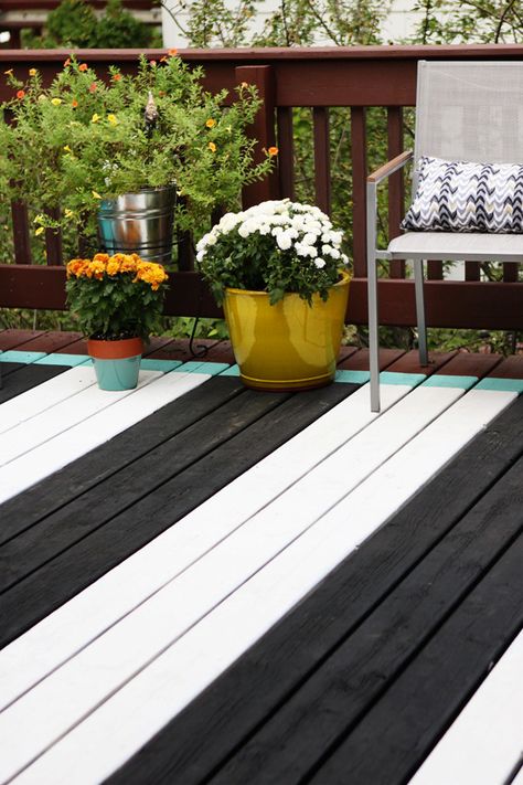 Deck Painting Ideas - 32 Colorfully Painted Decks and Porches Deck Painting Ideas, Painted Deck Floors, House With Red Door, Painted Pool Deck, Dark Blue Grey Paint, Painted Decks, Porch Floor Ideas, Striped Awnings, Deck Paint Colors