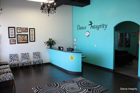 The bright colors and patterns in this lobby really pop! Dance Studio Office Ideas, Small Dance Studio Design, Small Dance Studio, Dance Studio Design Ideas, Dance Studio Lobby, Hip Hop Dance Studio, Dancing Studio, Dance Studio Ideas, Cheer Gym