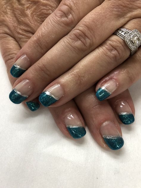 Mermaid Teal angled French Gel Nails Teal Wedding Nails For Bridesmaid, Teal And Gold French Tip Nails, Teal Nails For Prom, Dark Teal Prom Nails, Blue And Green French Tip Nails, Teal Tip Nails, Teal Short Nails, Teal Prom Nails, Dark Teal Nails Designs