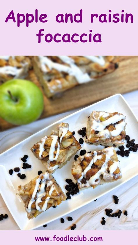 Four slices of apple and raisin focaccia on a white serving plate with apples in the background. Cinnamon Focaccia, Cream Cheese Drizzle, Raisin Recipes, Kneading Dough, Apples And Cheese, Donut Shop, Instant Yeast, Sweet Taste, Cheese Frosting