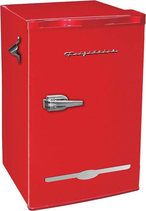 RETRO CHARM: Elevate your space with this sleek and stylish small retro fridge. The eye-catching design infuses retro charm into any room. Its compact size and stylish design make it a great addition to your bedroom, office, or dorm room.