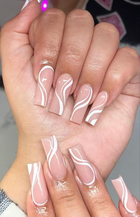 Pearl Acrylic Nails, Acrylic Nails Square, Swirl Nails, White Coffin Nails, S Nails, White Acrylic Nails, French Tip Acrylic Nails, Cute Acrylic Nail Designs, Basic Nails