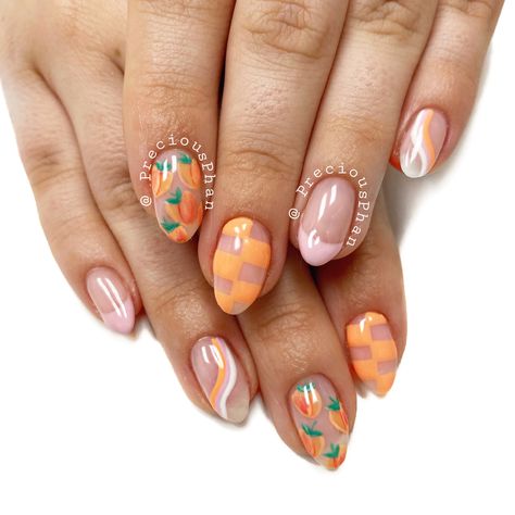 3d Peach Nails, Peach Theme Nails, Nails With Peaches, Peaches Nail Art, Peaches Nails, Peach Fruit Nails, Peach Nails With Designs, Peach Nail Art, Peach Nails