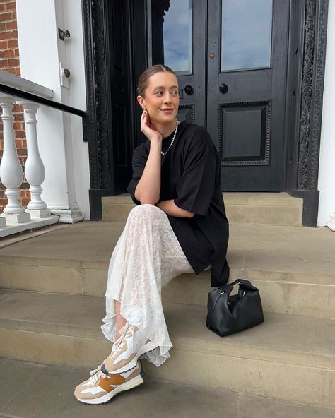 Am I a cool @pinterestuk girlie now?📍 Obsessed with this lace maxi skirt and oversized tee combo with my favourite @newbalance - contains PR Comment SHOP below to receive a DM with the link to shop this post on my @shop.ltk ⬇ https://liketk.it/4KyaV #minimalstyle #neutralstyle #laceskirt #oversizedtshirt #coolgirlstyle #streetstyleinspiration #cleangirlaesthetic Long White Lace Skirt Outfit, White Lace Skirt Outfit, Long White Lace Skirt, Lace Skirt Outfit, Skirt Street Style, Ootd Idea, Silky Skirt, Lace Maxi Skirt, White Lace Skirt