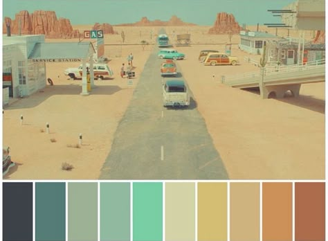 City Color Palette, Wes Anderson Design, Wes Anderson Color Palette, Asteroid City, Wes Anderson Aesthetic, Wes Anderson Style, Movie Color Palette, Photography Ideas At Home, City And Colour