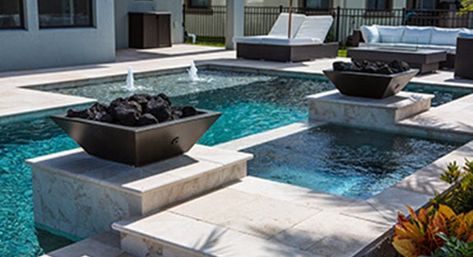 Swimming Pool Photos Tampa Bay | Custom Features Brandon Fire Bowls Outdoor Pool, Pool With Fire Bowls, Fire Bowls Outdoor, Backyard With A Pool, Geometric Pool, Pool Features, Swimming Pool Photos, Pool Landscape Design, Swimming Pools Inground