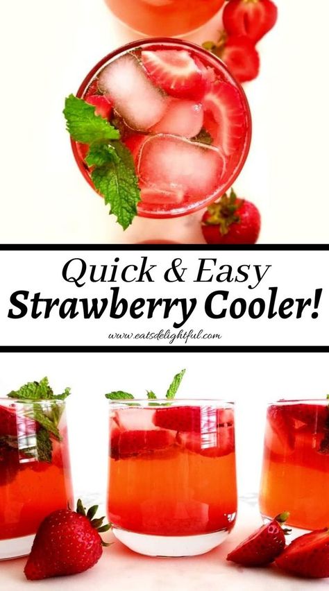 strawberry cooler in glasses garnished with mint Non Alcoholic Strawberry Drinks, Strawberry Drinks Non Alcoholic, Strawberry Sprite Drink, Strawberry Drink Recipes Non Alcoholic, Strawberry Summer Drinks, Alcoholic Drinks Summer, Strawberry Vodka Drinks, Strawberry Alcohol Drinks, Strawberry Breeze Swig Drink Recipe