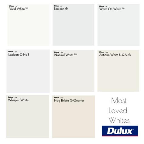 Dulux Most Loved White Colour Palette Mood Board  Vivid White, Lexicon, Whitie on White, Natural White, Antique White USA, Whisper White, Hog Bristle Quarter Dulux Vivid White Walls, Dulux Lexicon Half, Hogs Bristle Colour Schemes, Dulux Hog Bristle Quarter, Vivid White Dulux Living Rooms, Hog Bristle Quarter, Dulux Antique White U.s.a, White Cotton Dulux Paint, Lexicon Quarter Walls