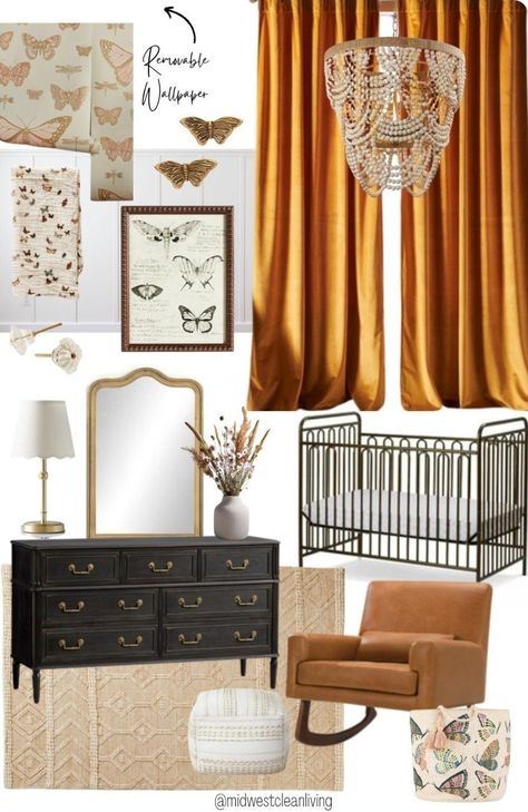 beautiful vintage-inspired butterfly themed nursery for baby girl! baby girl nursery, baby girl room, big girl room, toddler girl bedroom, baby room nursery decor, nursery inspiration, leather rocking chair, jute rug, yellow nursery, golden nursery, brass nursery, brass crib, vintage crib, nursery light, beaded chandelier, nursery curtain, little girl room, cottage nursery, elegant nursery, butterfly decor, botanical nursery, butterfly wallpaper, butterfly wall decor Follow me in the @LTK Moody Baby Girl Nursery, Nursery Ideas Butterflies, Moth Nursery, Moody Girl Nursery, Vintage Butterfly Nursery, Monarch Butterfly Nursery, Butterfly Theme Nursery, Brass Nursery, Butterfly Nursery Ideas