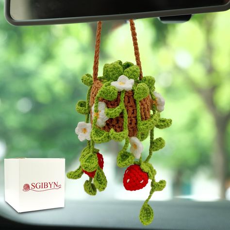 Car Dashboard Accessories, Car Mirror Hanging Accessories, Strawberry Flower, Crochet Car, Strawberry Decorations, Crochet Strawberry, Rear View Mirror Accessories, Rear View Mirror Decor, Pot Plants