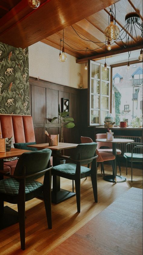 café vibes #cafe #coffee #coffeeshop #europe #aesthetic #green #design #tea #brunch #breakfast #texture #greenery Dark Green Coffee Shop, Aesthetic Green Design, Green Cafe Aesthetic, Cozy Cafe Interior, Orange Cafe, Cafe Interiors, Tiny Restaurant, School Cafe, Coffee Mood