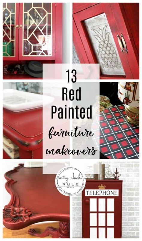 Red is a fun and vibrant color! Perfect for that pop of color or statement piece. Here are 13 inspiring red painted furniture ideas! #artsychicksrule.com #redpaintedfurniture #redfurnitureideas #redpaint Red Painted Furniture Ideas, Gel Staining Cabinets, Refurbished Table, Red Painted Furniture, Painted Furniture Ideas, Red Paint Colors, Blue Wall Colors, Red Furniture, Navy Blue Walls