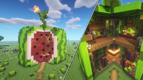 Minecraft Watermelon Build, Minecraft Melon House, Food Houses Minecraft, Minecraft Watermelon House, Minecraft Fruit Build, Minecraft Apple House, Apple House Minecraft, Fruit Minecraft House, Fruit House Minecraft