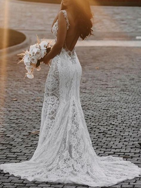 Beach Open Back Sexy Boho Wedding Dresses Court Train Mermaid / Trumpet Sleeveless V Neck Lace With Appliques 2023 Spring & Summer Bridal Gowns 2023 - CAD $285.99 No Back Wedding Dress, Wedding Dresses For Beach Weddings, Boho Mermaid Wedding Dress, Wedding Dresses For The Beach, Romantic Boho Wedding Dress, Wedding Dresses Mermaid Trumpet, Boho Beach Wedding Dress, Bohemian Beach Wedding Dress, Beach Bridal Dresses