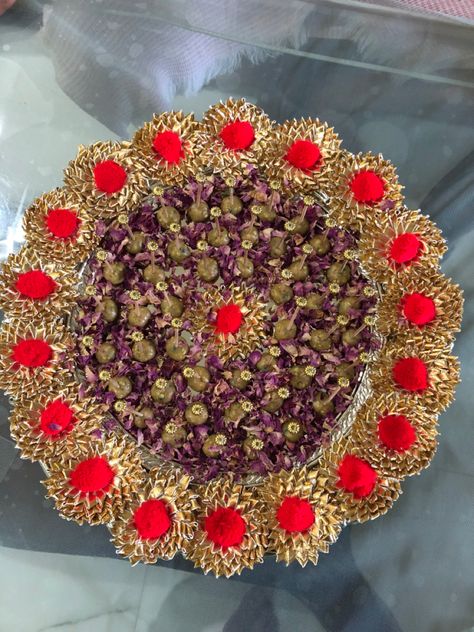 Dry fruit n thandai Gud dhana platter for engagement ceremony Gud Dhana Decorations, Gol Dhana Plate Decoration, Plate Decoration, Dry Fruit, Engagement Ceremony, Indian Wedding Decorations, Weeding, Decoration Ideas, Indian Wedding