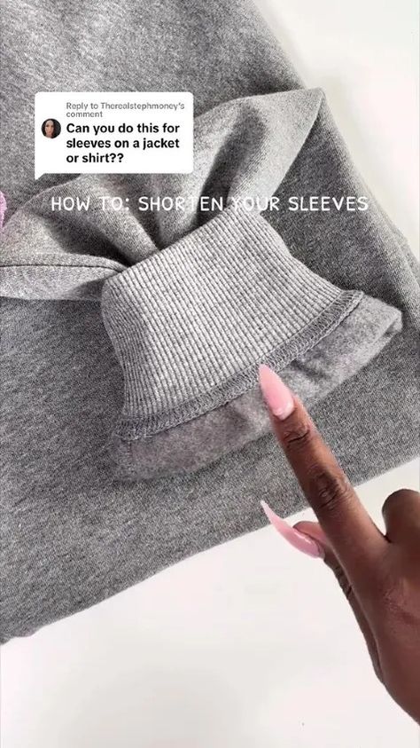 If you’re new to sewing, it can be daunting to know how to shorten sleeves with a ribbed cuff, like on a sweatshirt. Here’s a quick and easy hack that doesn’t involve removing the cuff and re-attaching it. Sweatshirt Refashion Remake, Shorten Sleeves, Cut Off Sweatshirt, Clear Tote Bags, Sewing Elastic, Diy Tops, Cut Sweatshirts, Fabric Yarn, Shirt Dress Casual