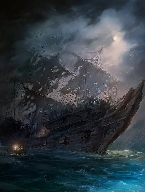 Ghosts Of Saltmarsh, Ghost Ship Art, Scenery Artwork, Poseidon Tattoo, Pirate Island, Underwater Painting, Pirate Art, Ghost Ship, Fantasy Places