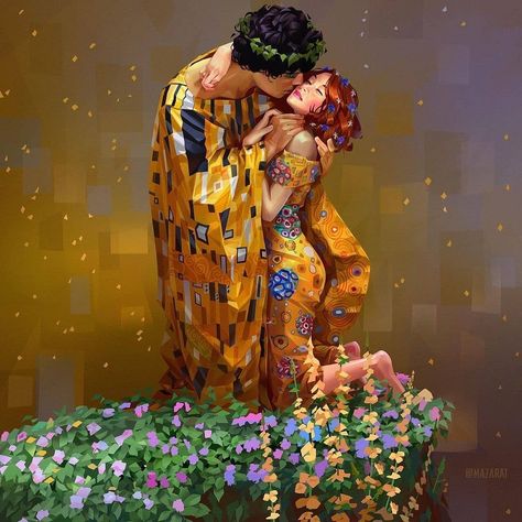 Learn Digital Painting! on Instagram: “@mazarat's interpretation of Gustav Klimt's painting, 'The kiss' ⁠ is nothing short of unbelievable. ❤️ ⁠ ⁠ Swipe for the original! Hop…” Kiss Painting, Shiva Shakti, Textured Canvas Art, Arte Inspo, The Kiss, Arte Fantasy, Mini Canvas Art, Illustration Artists, Gustav Klimt