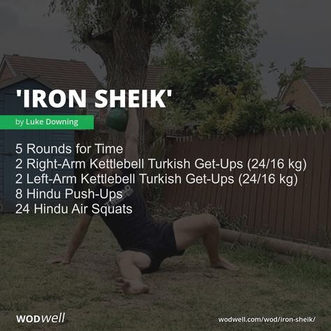 "Iron Sheik" Workout, | WODwell - 5 Rounds for Time; 2 Right-Arm Kettlebell Turkish Get-Ups (24/16 kg); 2 Left-Arm Kettlebell Turkish Get-Ups (24/16 kg); 8 Hindu Push-Ups; 24 Hindu Air Squats Turkish Get Up Workout, Iron Sheik, Background Story, Air Squats, Push Ups, Work Outs, Kettlebell, Get Up, Crossfit