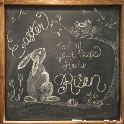 He Is Risen Chalkboard Art, Easter Chalkboard Art Jesus, Bunny Chalkboard Art, Easy Easter Chalkboard Art, Easter Blackboard Ideas, Chalkboard Easter Art, Chalkboard Bunny, Easter Chalkboard Ideas, March Chalkboard Ideas