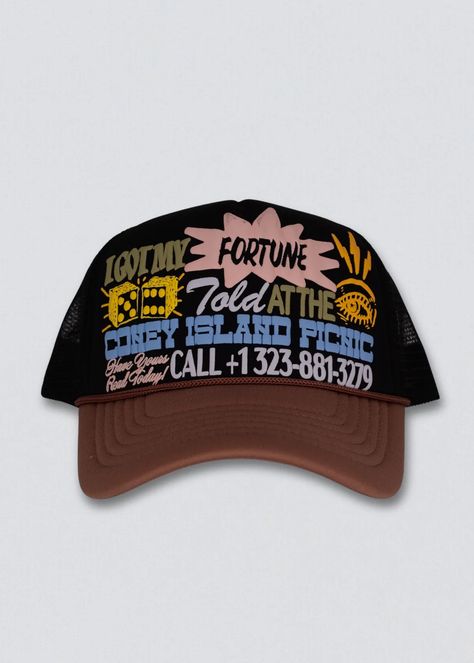 Fortune Trucker Hat – Coney Island Picnic Clothing Graphics, Church Merch, Apparel Design Inspiration, Streetwear Graphic Tees, Bucket Hat Design, Top Golf, Hat Print, Tour Merch, Hat Ideas