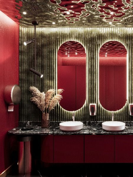 Red & Green restaurant toilet design + hammered metal ceiling Restaurant Toilet Design, Restaurant Toilet, Green Restaurant, Red Restaurant, Toilet Restaurant, Greens Restaurant, Toilet Room Decor, Restaurant Bathroom, Green Interior Design