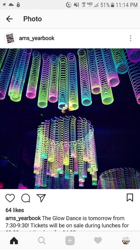 Hoola Hoops and Slinkies hang from ceiling over dance floor Slinky Ceiling Decoration, Neon Nights Homecoming, Glow Dance Floor, Fun School Dance Themes, Neon School Dance Decorations, Rave Prom Theme, Space Theme Dance Decorations, Neon Dance Decorations, 80s Dance Decorations