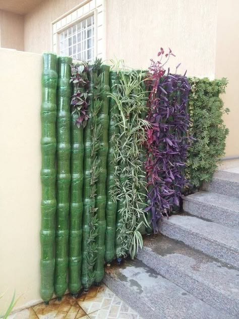 19 Creative Plastic Bottle Vertical Garden Ideas - A Green Hand Plastic Bottle Planter, Vertical Garden Ideas, Vertical Garden Design, Reuse Plastic Bottles, Diy Plastic Bottle, Vertical Herb Garden, Vertical Garden Diy, Recycled Garden, House Landscaping