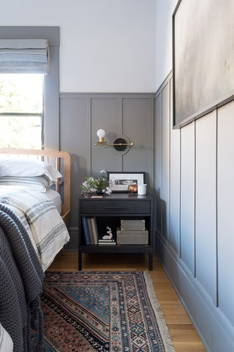 Bedroom, Medium Hardwood Floor, Bed, Night Stands, Rug Floor, and Wall Lighting The nightstand tables from Room & Board are customized in size, stain, and hardware to fit the space perfectly. Photo 8 of 15 in Budget Breakdown: A San Diego Couple Make Over Their Craftsman Bedroom For $29K Bedroom Ideas For Couples, Craftsman Bungalow, Wall Panelling, Ideas Hogar, Ideas For Couples, Couple Bedroom, Board And Batten, Simple Bedroom, Rustic Bedroom