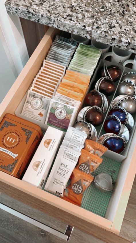 Drink Drawer Organization, Coffee Tea Drawer, Tea Drawer Organization, Condo Organization, Coffee Organization Ideas, Tea Drawer, Office Coffee Station, Coffee Organizer, Tea Corner