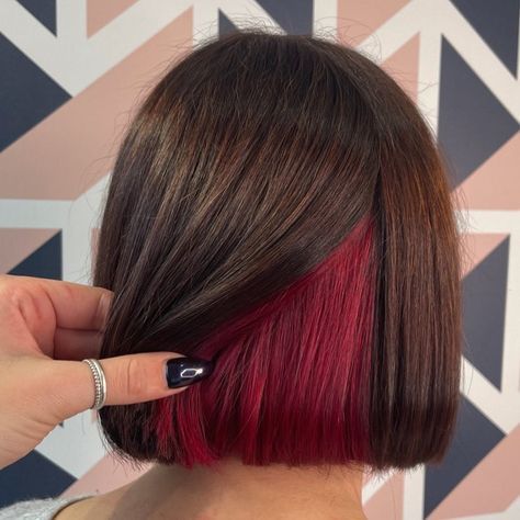 44 Peekaboo Highlights Ideas for Any Hair Color Single Peekaboo Hair Streak, Color Tipped Hair, Long Bob With Peekaboo Color, Wine Peekaboo Hair, Pickaboo Hair Dye, Peekaboo Hair Color Brunettes Short, Bob With Peekaboo Color, Subtle Peekaboo Hair Color, Peak A Boo Hair Dye Ideas