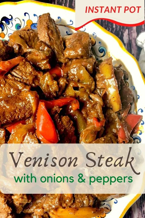 This Instant Pot venison steak is tender, juicy, and mixed with sweet, flavorful onions & peppers! Venison Steak Dinner Ideas, Deer Meat Instapot Recipes, Instant Pot Recipes Venison, Dear Steak Recipes, Healthy Deer Steak Recipes, Tenderized Venison Steak Recipes, Low Sodium Venison Recipes, Deer Meat Pressure Cooker Recipes, Deer Steak In Crockpot