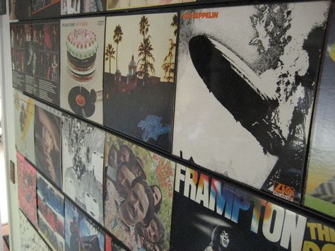 Hanging records on wall Hanging Records On Wall, Hanging Records, Record On Wall, Basement Music Room, Picture Walls, Vinyl Records Wall, Bar Stuff, Vinyl Record Display, Record Room