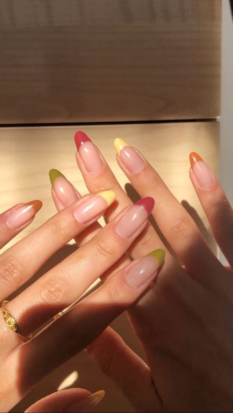 Mismatch French Nails, Almond Multi Colored French Tip Nails, Multiple Colour Nails, Multi Coloured Nails Tips, Chromatic French Nails, Different Coloured French Tips, Colourful Autumn Nails, Multi Coloured French Tips, Mismatch French Tip Nails