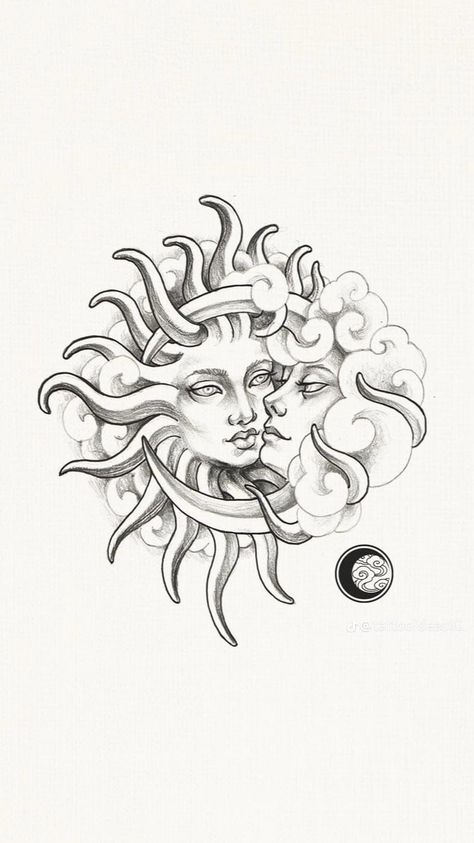 Dark Sun Tattoo Designs, Moon And Sun Sketch, Cloud And Moon Tattoo, Moon And Sun Tattoo Designs, Luna Tattoo Design, Sun And Moon Tattoo Stencil, Moon And Clouds Tattoo, Big Tattoo Designs, Sun Moon Drawing