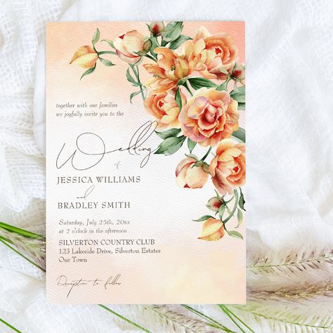 Elegant cream peach orange roses invitation Yellow Bridal Shower Invitations, Peach Wedding Invitations, Orange Wedding Invitations, Wedding Invitation Card Template, Printing Wedding Invitations, Peach Orange, Flower Wedding Invitation, Bridal Shower Invitations Templates, Orange Roses