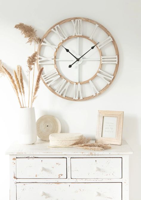 Natural-Coloured and White Clock D70 Irvine | Maisons du Monde Bedroom Clock Ideas, Clock In Living Room, Wall Clock Above Fireplace, Clocks Wall Living Room, Wall Clock Decor Living Room, Large Wall Clock Decor, Bedroom Clocks, White Wall Clocks, Farmhouse Wall Clocks