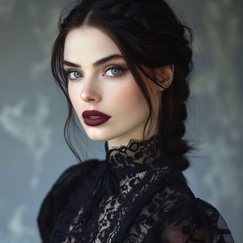 Viking Braids Dark Hair, Edgy Bridal Makeup, Woman Reference Photo, Character Inspo Female, Moody Wedding Makeup, Elegant Goth Makeup, Tiefling Monk, Venus Astrology, Vampire Beauty