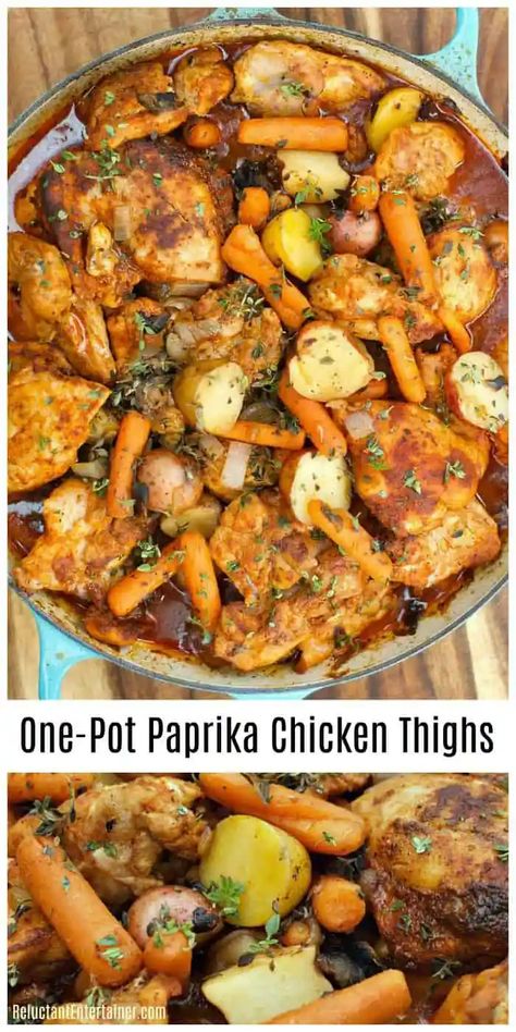 Paprika Chicken Thighs, Recipe With Potatoes, Dutch Oven Chicken, Family Dinner Night, Chicken Thighs Recipe, Potatoes And Carrots, Thighs Recipe, Paprika Chicken, Dinner Night