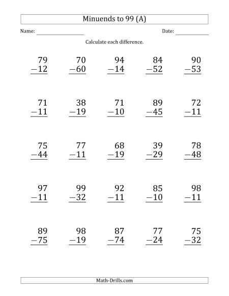 LP 2-Digit Subtraction with Minuends up to 99 (25 Questions) Worksheet For Class 2 Maths, Maths Worksheet For Class 2, Maths Worksheet For Class 1, 2 Digit Addition And Subtraction, Maths Sums, Math Practice Worksheets, Math Addition Worksheets, 25 Questions, Math Subtraction