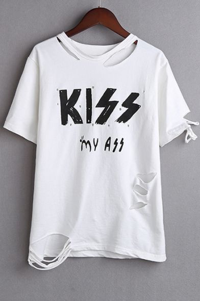 Ripped Round Neck Letter Print Short Sleeves Boxy Top How To Rip Your Jeans, Ripped Shirt, Destroyed T Shirt, Ripped Shirts, Ripped Tshirt, Distressed Shirt, Boxy Top, Distressed Tee, T Shirt Diy