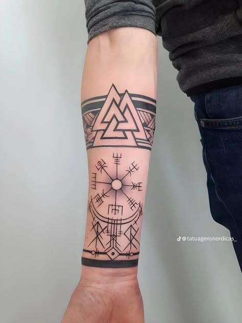 Old School Viking Tattoo, Nordic Forearm Tattoo, Best Tattoos For Men Ideas, Nordic Runes Tattoo, Viking Tattoos For Men, Celtic Sleeve Tattoos, Norse Mythology Tattoo, Scandinavian Tattoo, Pagan Tattoo