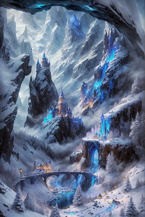 Snowy Kingdom Fantasy Art, Winter Fantasy Castle, Tundra Fantasy Art, Winter Kingdom Fantasy Art, Fantasy Aesthetic Winter, Winter Kingdom Aesthetic, Winter Court Fae, Ice Kingdom Fantasy Art, Winter Fantasy Aesthetic