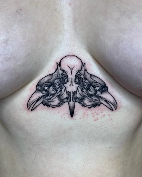 Raven Sternum Tattoo, Raven Chest Tattoo, Oddity Tattoo, Egg Tattoo, Funky Tattoos, Wicked Tattoos, Creepy Tattoos, Spooky Tattoos, Raven Skull