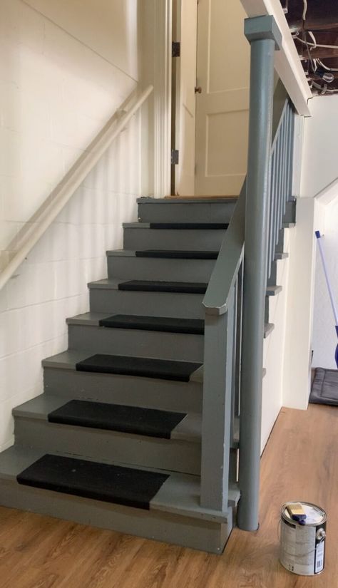 Painted Basement Stairs Ideas, Painted Stairs With Carpet Treads, Basement Steps Redo, Painting Basement Stairs, Painted Basement Stairs, Stairwell Paint Colors, Unfinished Basement Stairs, Basement Stairs Makeover, Basement Steps Ideas